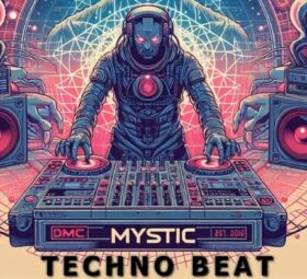 A vibrant digital artwork featuring a DJ with a cosmic-themed helmet mixing on a deck labeled “DMC MYSTIC 251.201G” with two speakers emitting red sound waves against a backdrop of abstract geometric patterns and swirling cosmic imagery.