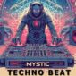 A vibrant digital artwork featuring a DJ with a cosmic-themed helmet mixing on a deck labeled “DMC MYSTIC 251.201G” with two speakers emitting red sound waves against a backdrop of abstract geometric patterns and swirling cosmic imagery.